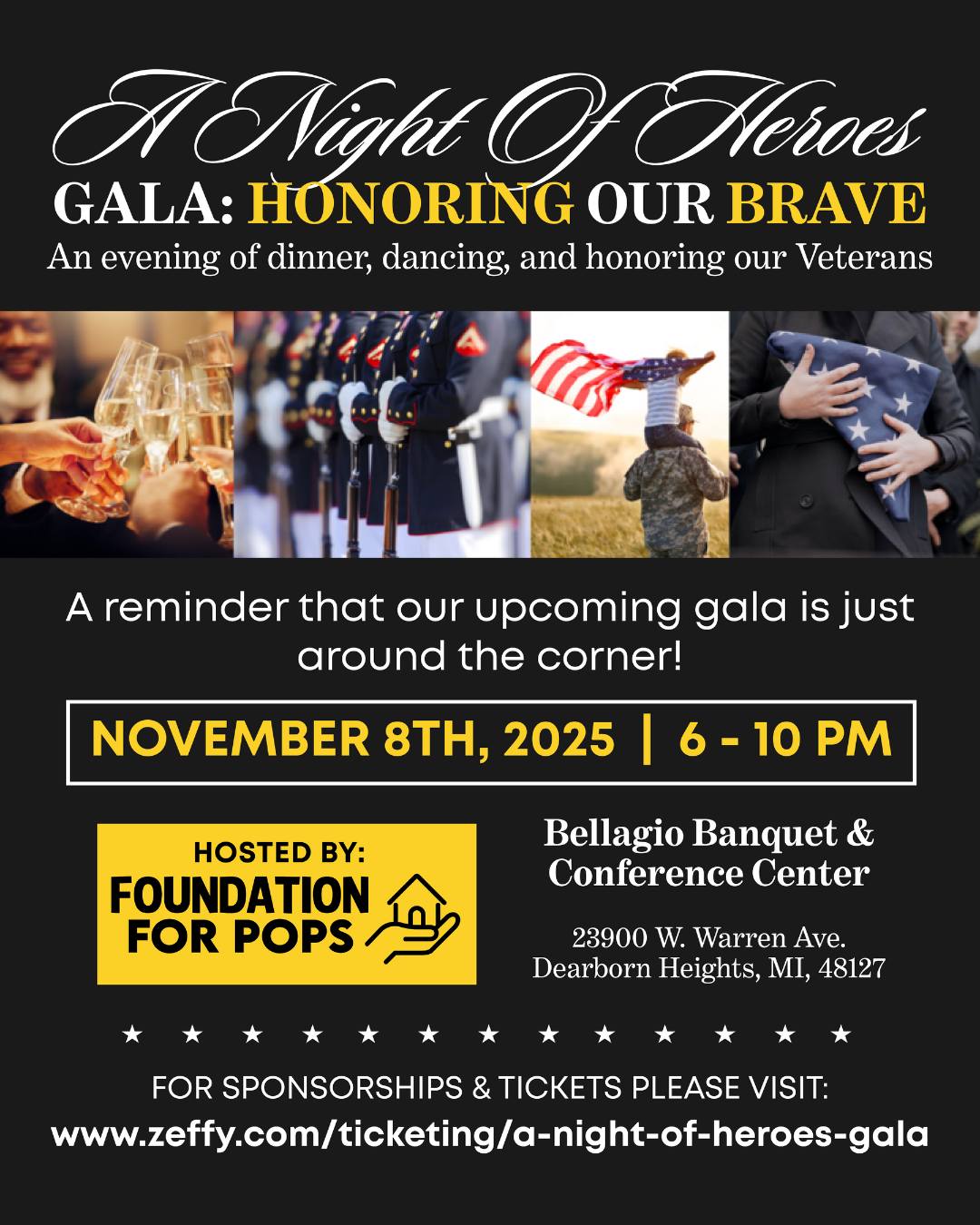 Invitation graphic for the Honoring Our Heroes Gala — November 8, 2025 at Bellagio Banquet and Conference Center.